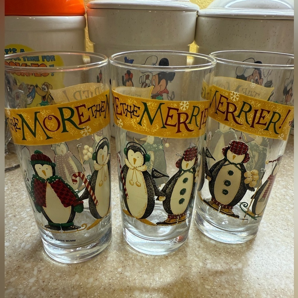 Debbie Mumm 1998 Christmas Penguin Holiday Glasses The More The Merrier Set of 3
